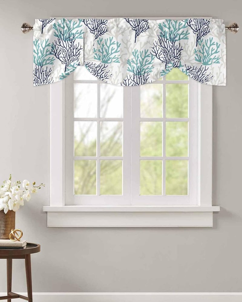 RisQiten Teal Blue Grey Coral Coastal Tie Up Valance Curtains for Windows, Summer Beach Kitchen Curtains Window Treatments, Sea Nautical Short Window Shades Valances for Bedroom Bathroom Cafe 54"x18" - Image 2